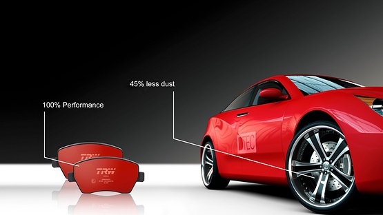 TRW DTEC brake pad and red sports car