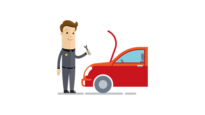 Tekening van monteur met gereedschap in de hand naast geopende motorkap